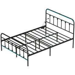 HOMCOM Full Bed Frame with LED Lights and Charging Station, Metal Platform Bed Frame with Under Bed Storage, Black