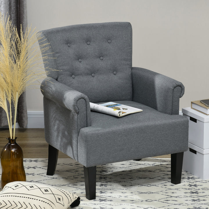 HOMCOM Armchair, Fabric Accent Chair, Modern Living Room Chair with Wood Legs and Rolled Arms for Bedroom, Grey