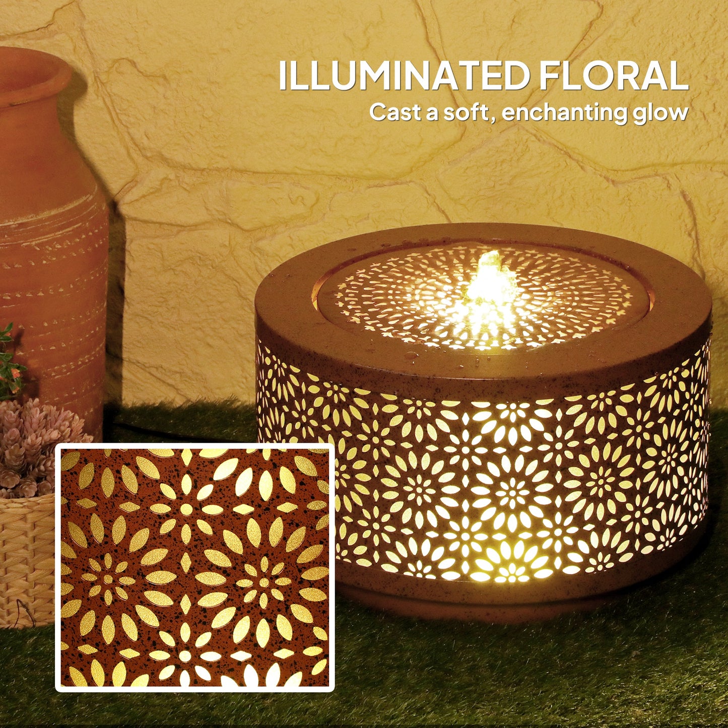 Outsunny Outdoor Water Fountain with LED Lights, 10" Tall Garden Waterfall Fountain with Adjustable Flow, Brown