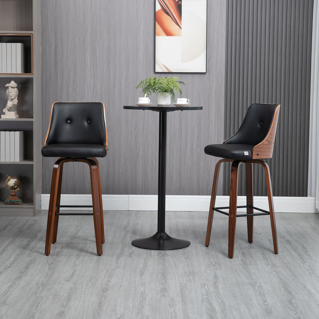 HOMCOM Bar Height Bar Stools Set of 2 PU Leather Upholstered Swivel Barstools with Solid Wood Legs Footrest and Tufted Back, Black