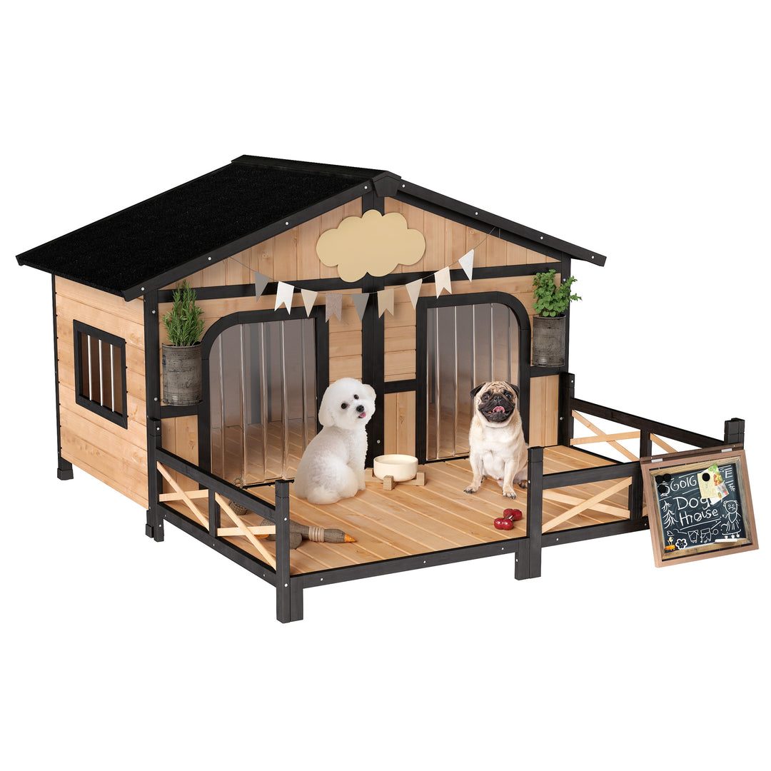 PawHut 59"x64"x39" Wood Dog House Outdoor Cabin-Style Elevated Pet Shelter with Porch Deck, Beige