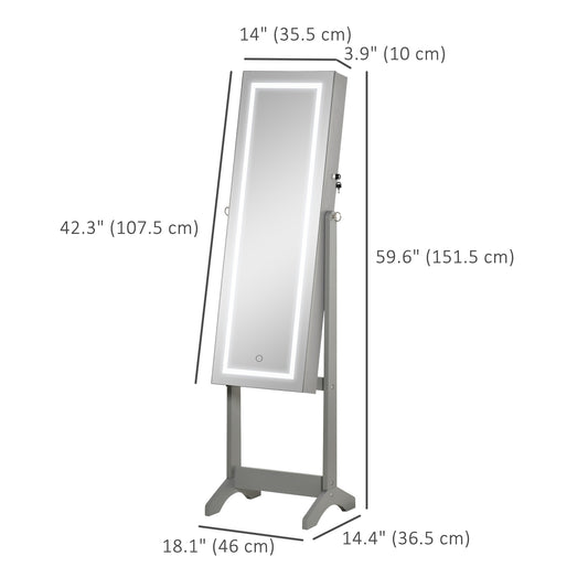 HOMCOM Lockable Jewelry Armoire with LED Light, Standing Mirror with Storage for Bedroom Dressing Room, Grey