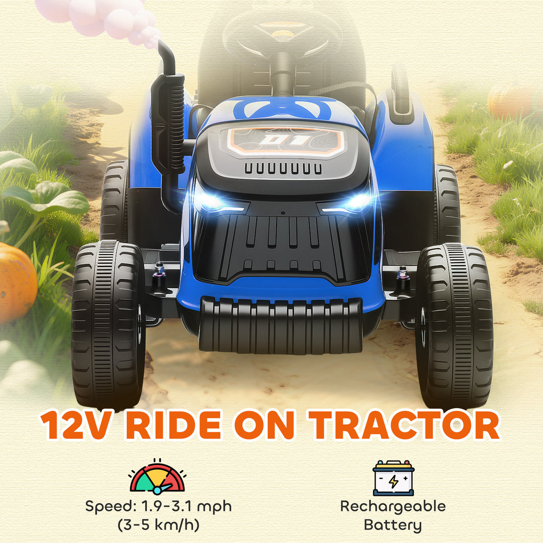 Qaba 12V Kids Ride On Tractor with Trailor, Remote Control, Music, Lights, Shifter, for Kids Ages 3-8 Years, Blue