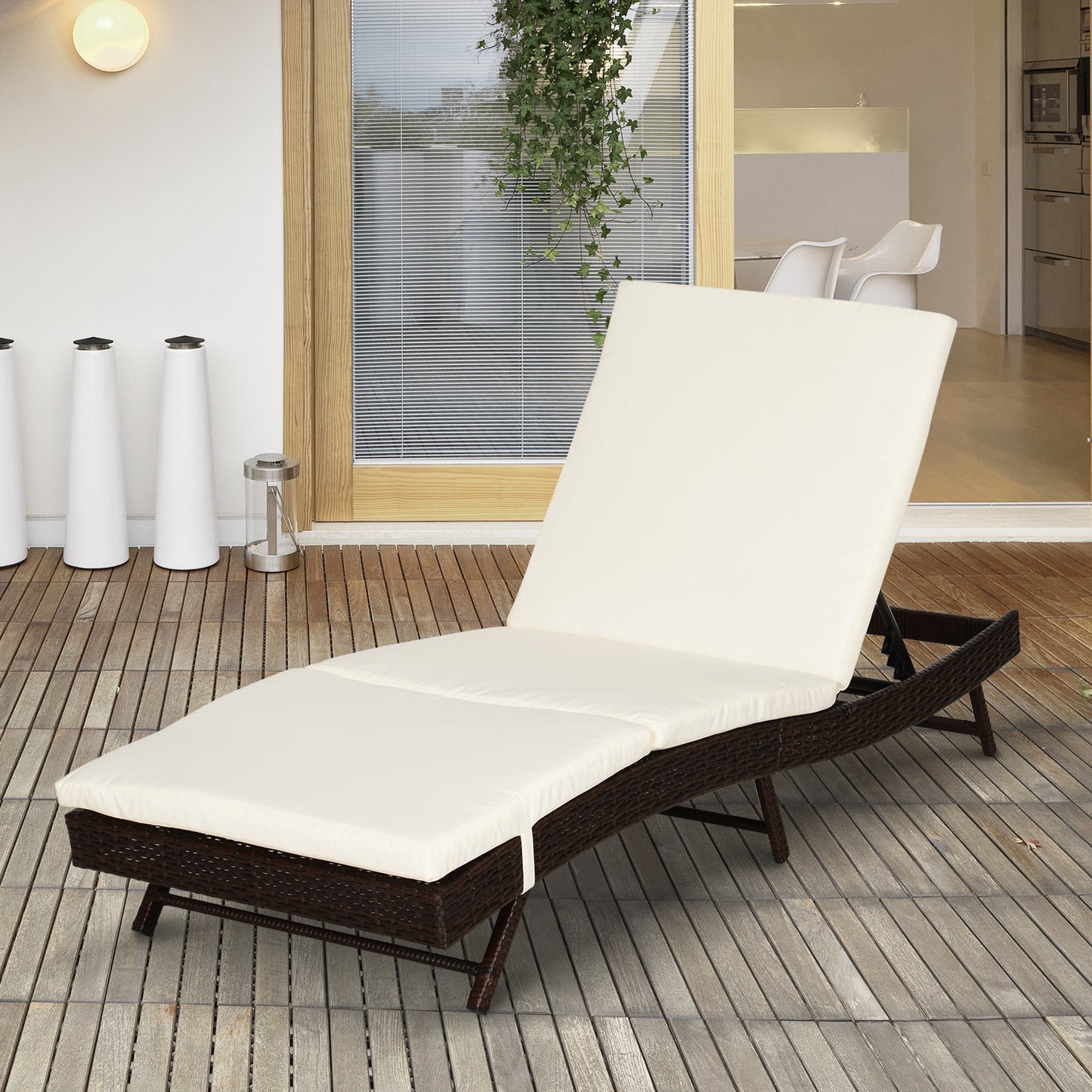 Outsunny Wicker Patio Lounger, Outdoor S Shape Recliners Lounge Chair w/ 5-Level Adjustable Backrest, Soft Padded Cushion for Outdoor Use, Cream White