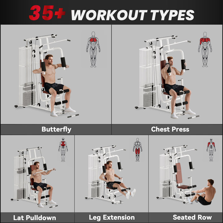 Soozier Home Gym, Multifunction Gym Equipment Workout Station with 100Lbs Weight Stack for Lat Pulldown, Leg Extensions, Preacher Bicep Curls, Triceps Pulldowns, Chest Press, White