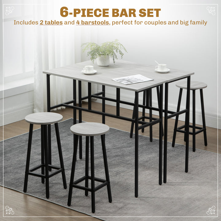 HOMCOM Bar Table Set of 6, Bar Table and Stools for 4, 2 Breakfast Tables and 4 Stools for Living Room, Dining Room, Grey