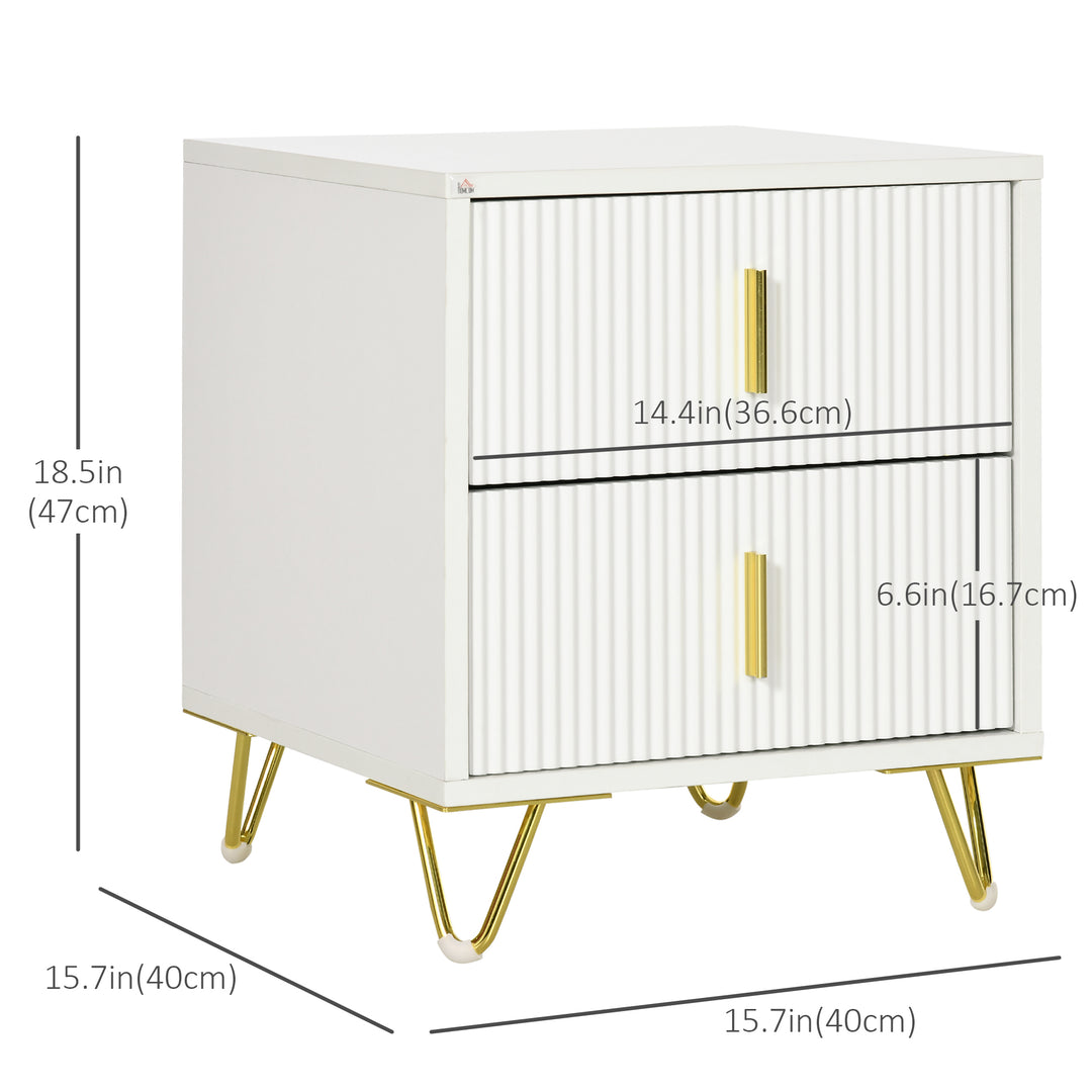 HOMCOM Bedside Table, Modern Nightstand with 2 Drawers, Side End Table with Metal Legs for Living Room, Bedroom, White