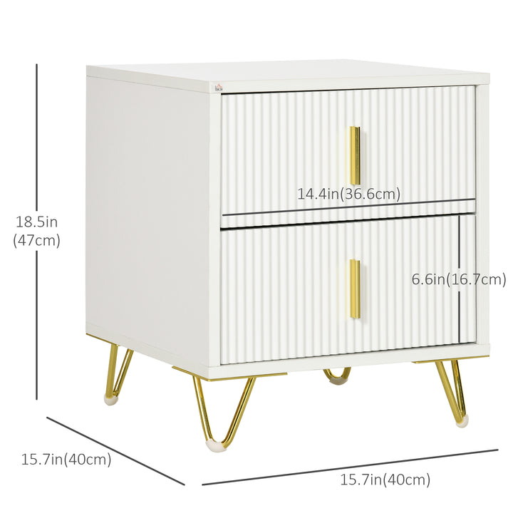 HOMCOM Bedside Table, Modern Nightstand with 2 Drawers, Side End Table with Metal Legs for Living Room, Bedroom, White