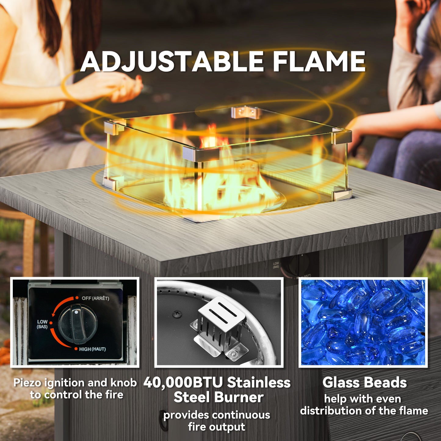 Outsunny 28" 50,000 BTU Gas Fire Pit Table with Cover and Glass Screen, Grey