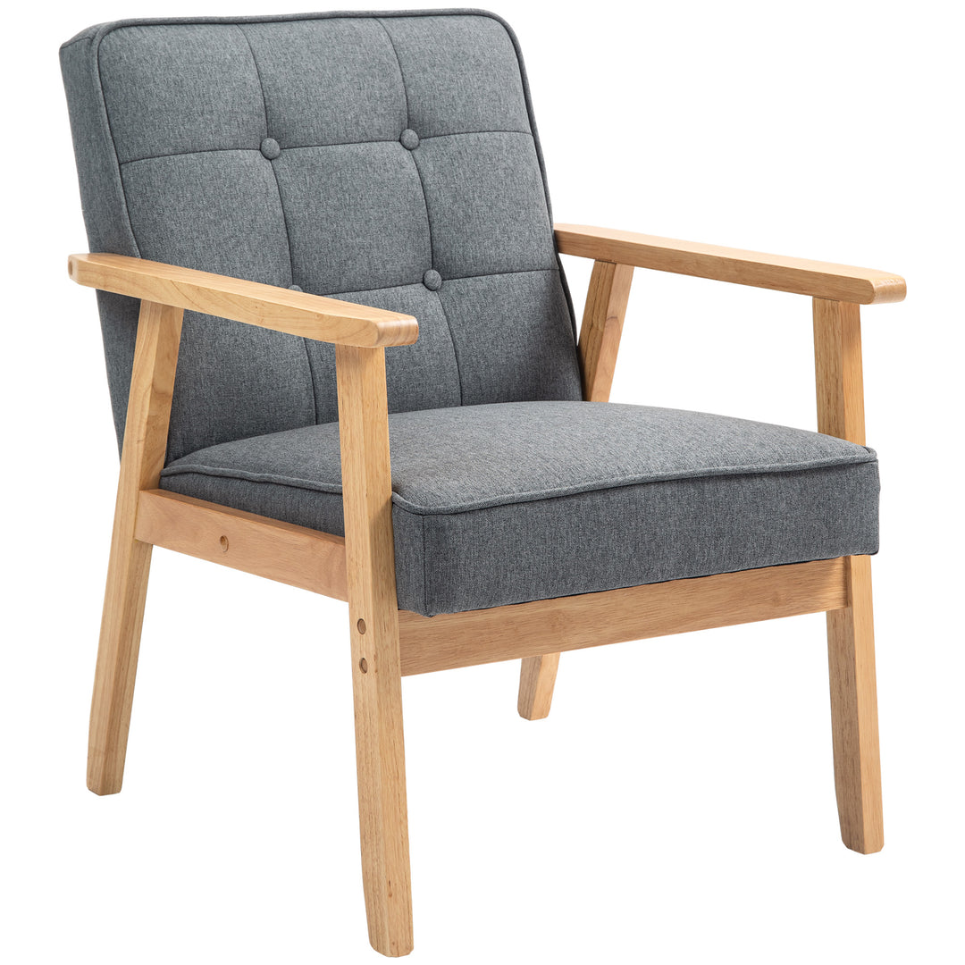HOMCOM Modern Accent Chair with Button Tufted Back, Line-feel Fabric Armchair with Solid Wood Frame for Bedroom, Grey