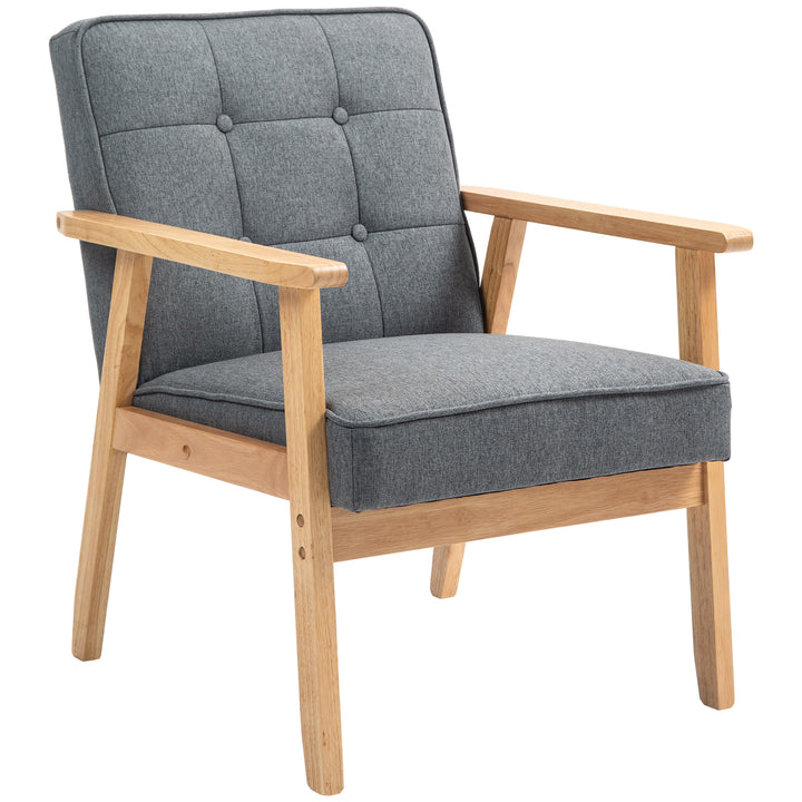 HOMCOM Modern Accent Chair with Button Tufted Back, Line-feel Fabric Armchair with Solid Wood Frame for Bedroom, Grey