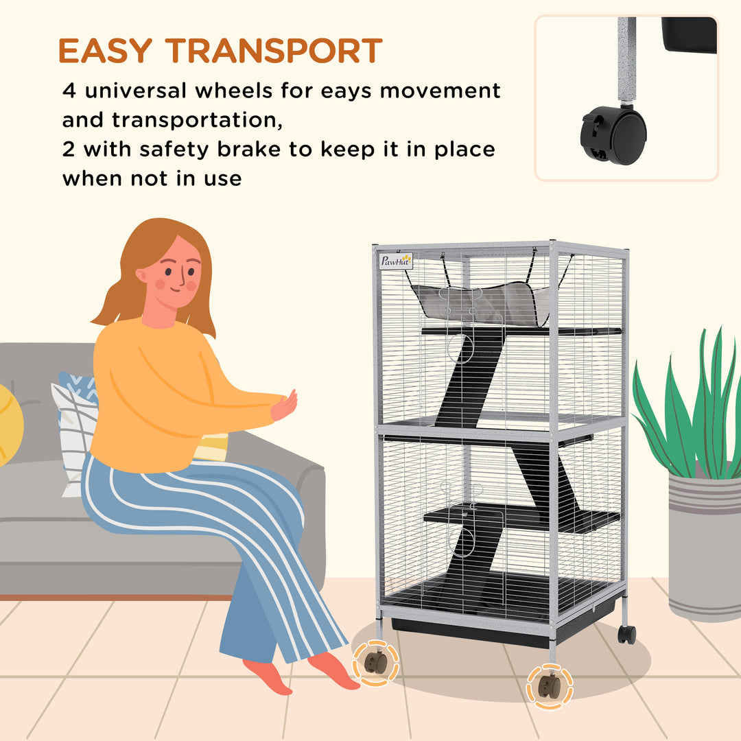 PawHut 4-Tier Rolling Small Animal Cage, Deluxe Guinea Pig Cage, Ferret Cage for Mink Chinchilla Kitten Rabbit