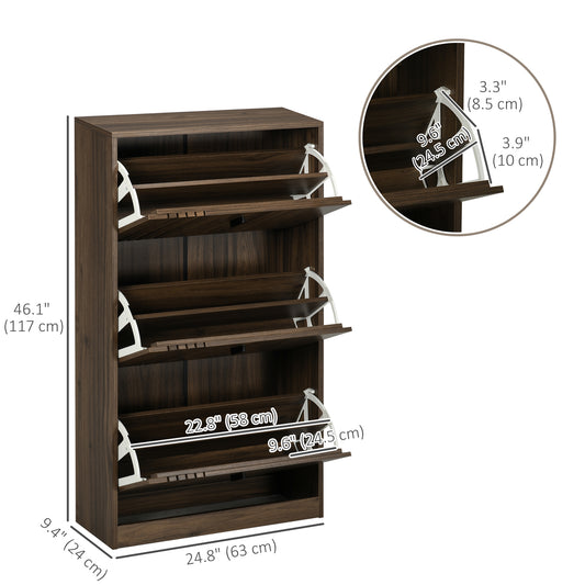 HOMCOM Shoe Storage Cabinet Organizer for 18 Pairs of Shoes with 3 Flip Drawers and Adjustable Shelves, Walnut