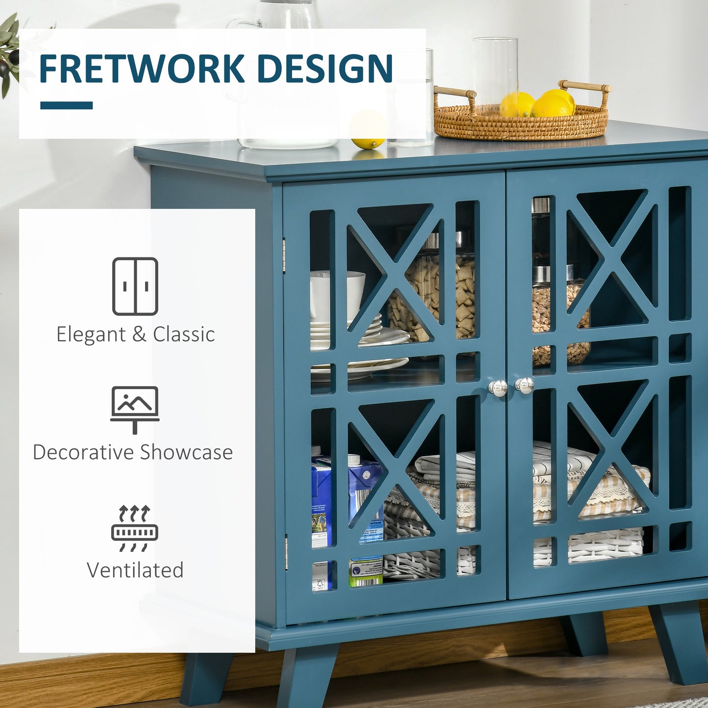 HOMCOM Storage Cabinet with Fretwork Doors and Shelf, Modern Freestanding Sideboard, Buffet, White
