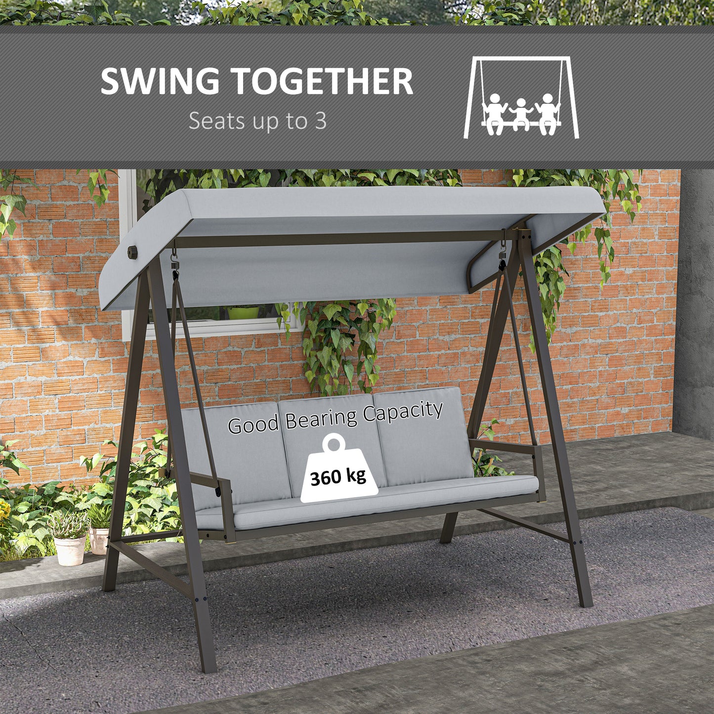 Outsunny 3 Seater Patio Swing Chair, Porch Swing with Adjustable Canopy and Removable Cushions, Outdoor Swing Seat, Beige
