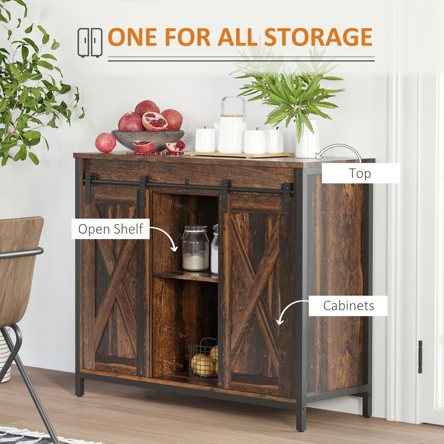 HOMCOM Industrial Sideboard, Buffet Cabinet with Sliding Barn Doors, Storage Cabinets and Adjustable Shelves for Living Room, Kitchen, Home Bar, Rustic Brown