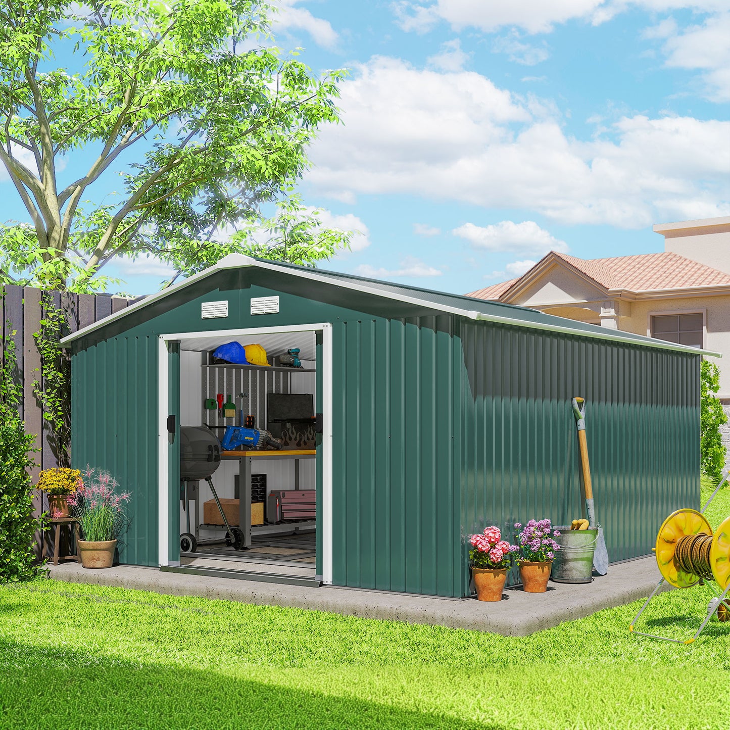 Outsunny 9.1'x6.4'x6.3' Garden Storage Shed w/ Foundation Kit Metal Tool Storage House w/ Double Doors Light Green
