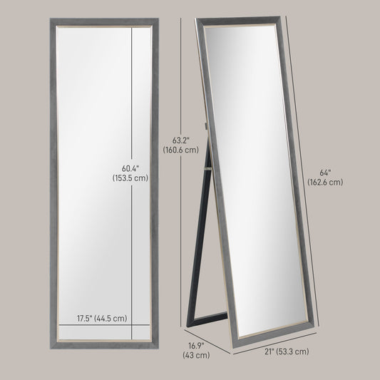 HOMCOM Floor Standing Mirror, Full Body Mirror, Free Standing, Leaning or Wall Mirror with Frame for Bedroom, Grey