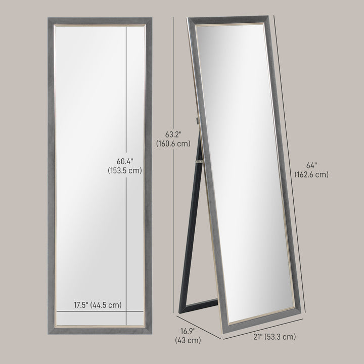 HOMCOM Floor Standing Mirror, Full Body Mirror, Free Standing, Leaning or Wall Mirror with Frame for Bedroom, Silver