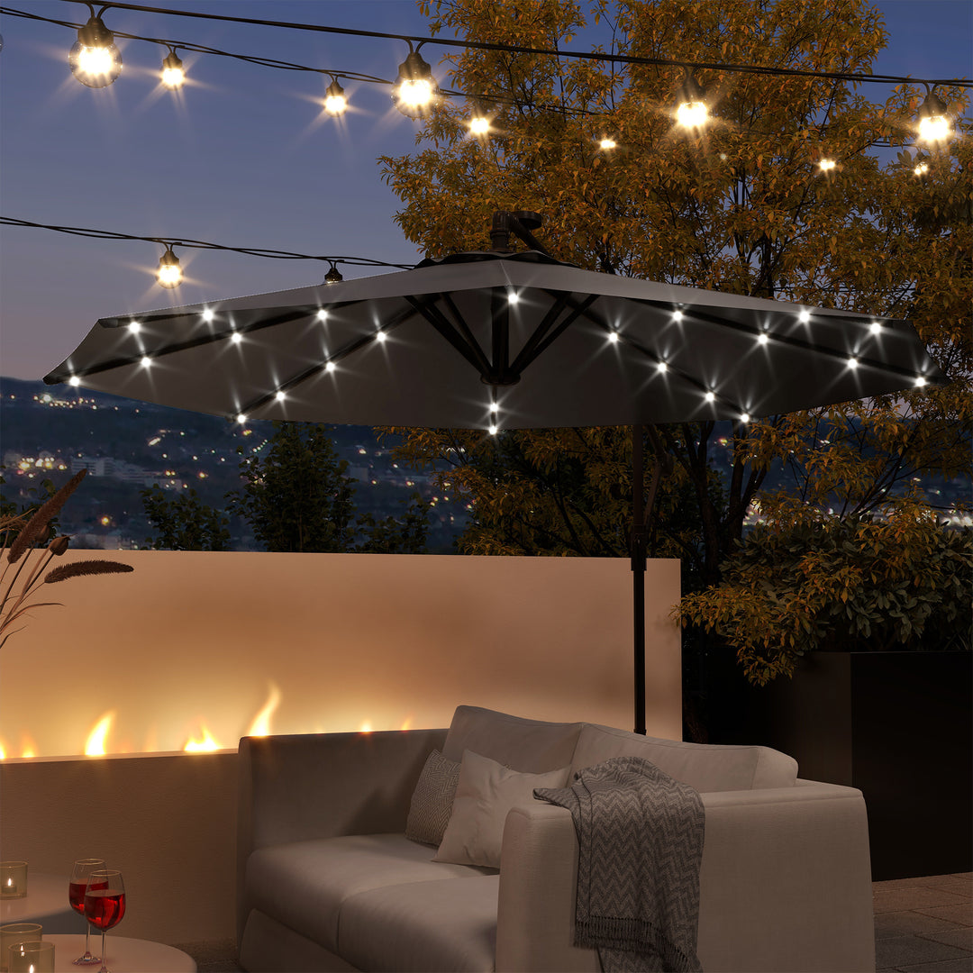 Outsunny 9.5' Offset Patio Umbrella Garden Parasol with Solar LED Lights and Weights, Dark Grey