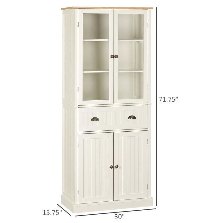 HOMCOM 72" Kitchen Pantry Cabinet, Freestanding Buffet Storage Cabinet with Glass Doors, Drawer and Adjustable Shelves, Cream White