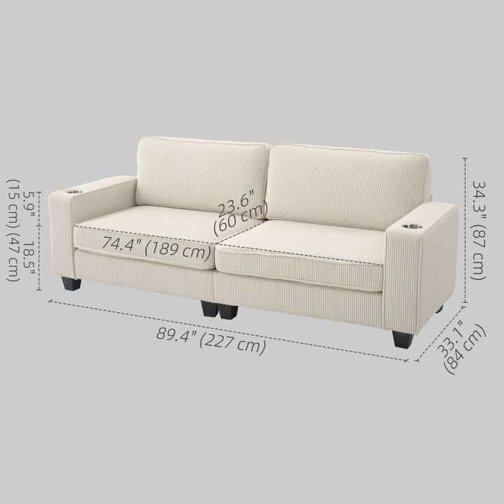 HOMCOM Three Seater Sofa, Fabric 3 Seater Couch with Spring Cushion and Cup Holders for Living Room, Bedroom, Cream White
