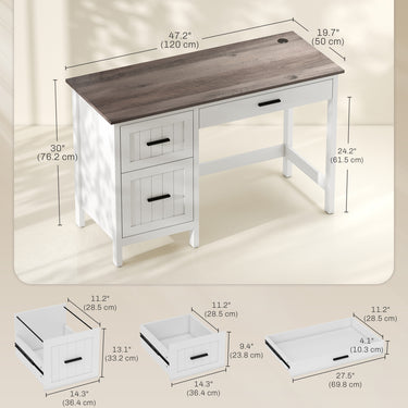 HOMCOM Computer Desk with 3 Drawers, Farmhouse Home Office Desk with File Drawer and Wood Grain Top for Small Spaces, White