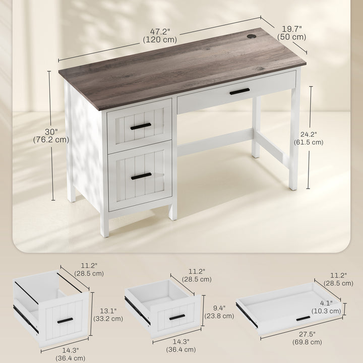 HOMCOM Computer Desk with 3 Drawers, Farmhouse Home Office Desk with File Drawer and Wood Grain Top for Small Spaces, White
