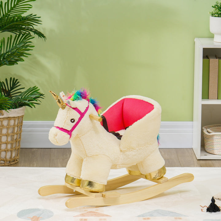 Qaba Rocking Horse Unicorn with Sound, Safety Belt, Wooden Base, for 18-36 Months