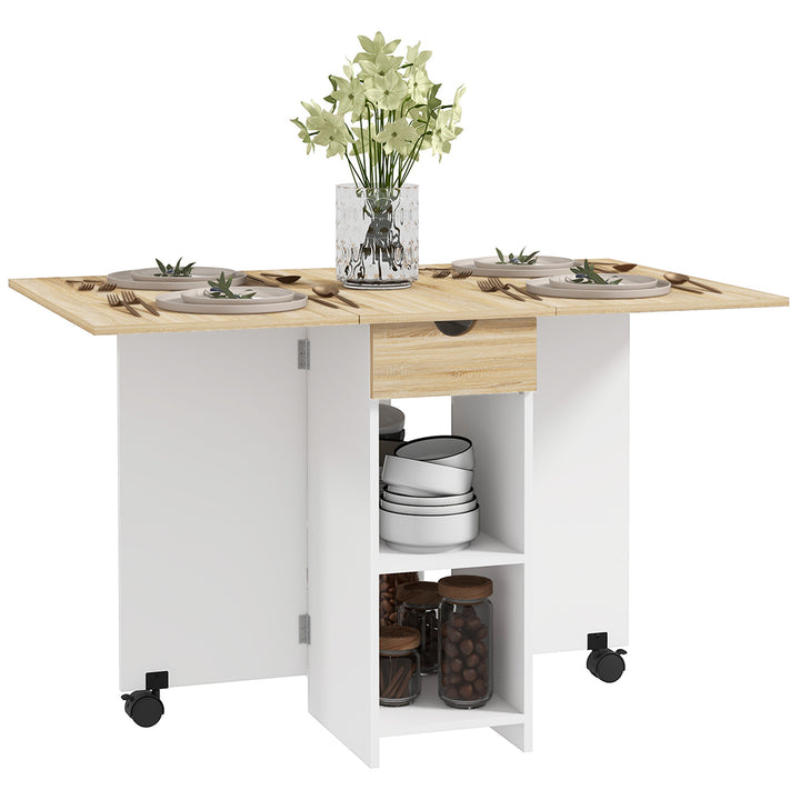 HOMCOM Folding Dining Table, Space Saving Drop Leaf Table with Drawer and Storage Shelves for Kitchen, Dining Room, Oak