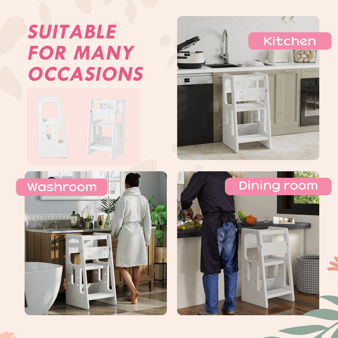 Qaba Toddler Kitchen Helper 2 Step Stool with Adjustable Height Platform and Safety Rail, White