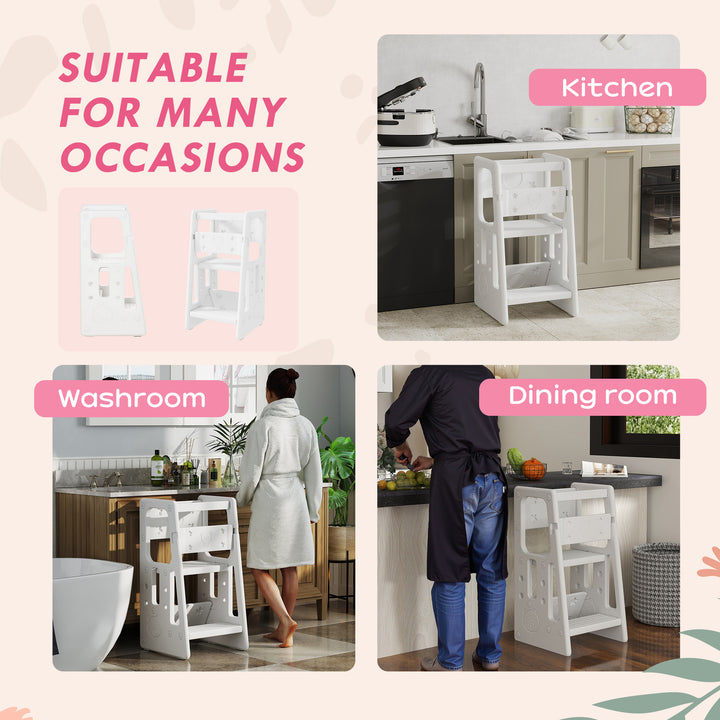 Qaba Toddler Kitchen Helper 2 Step Stool with Adjustable Height Platform and Safety Rail, White
