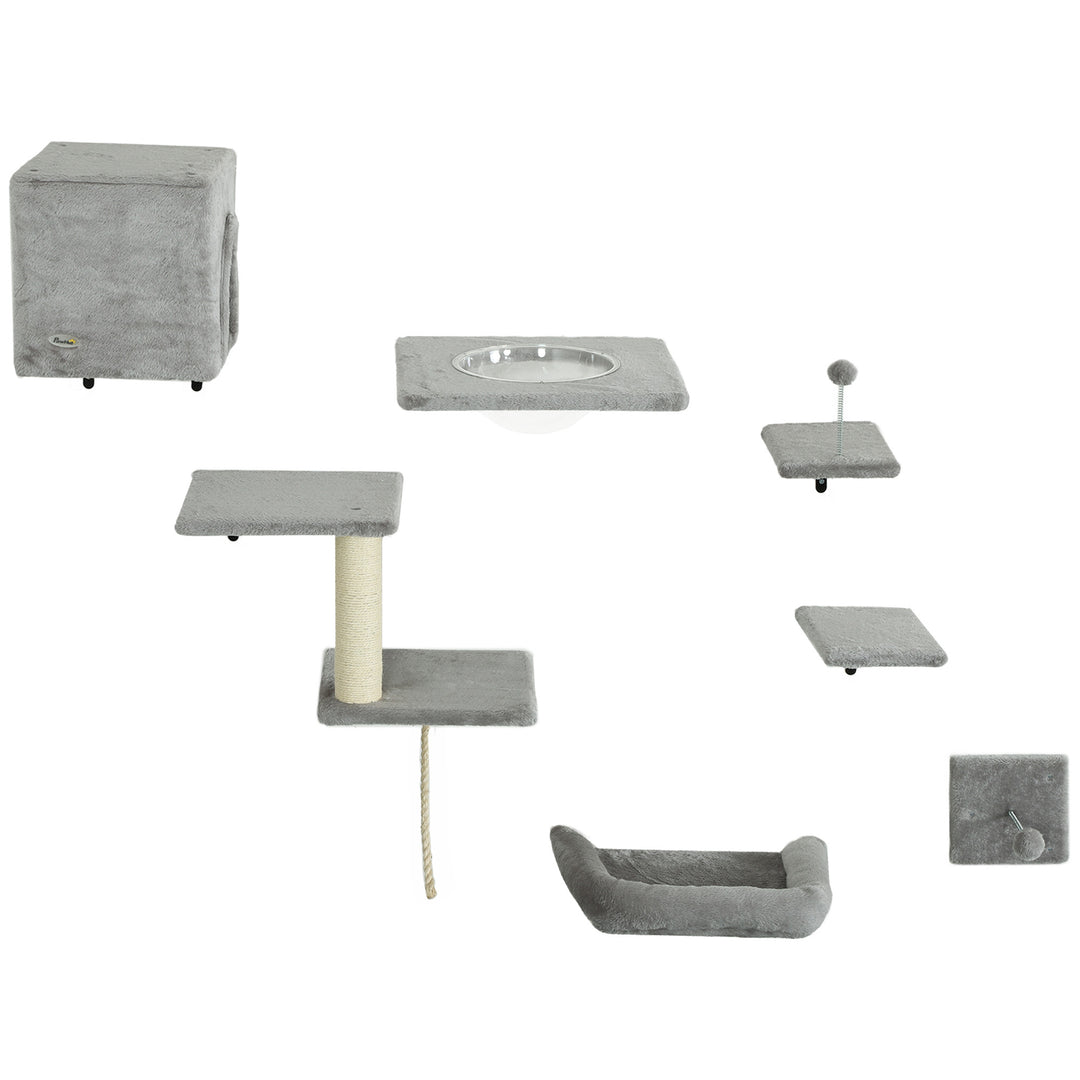 PawHut Cat Wall Shelves Set of 7, Shelves and Perches with House, Sisal Post Ladder, Bed & Ball, Grey