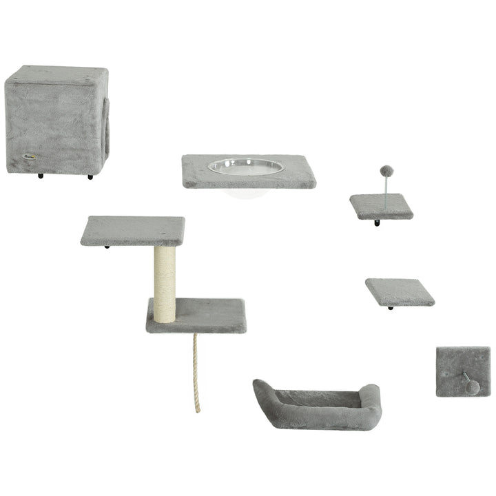 PawHut Cat Wall Shelves Set of 7, Shelves and Perches with House, Sisal Post Ladder, Bed & Ball, Grey