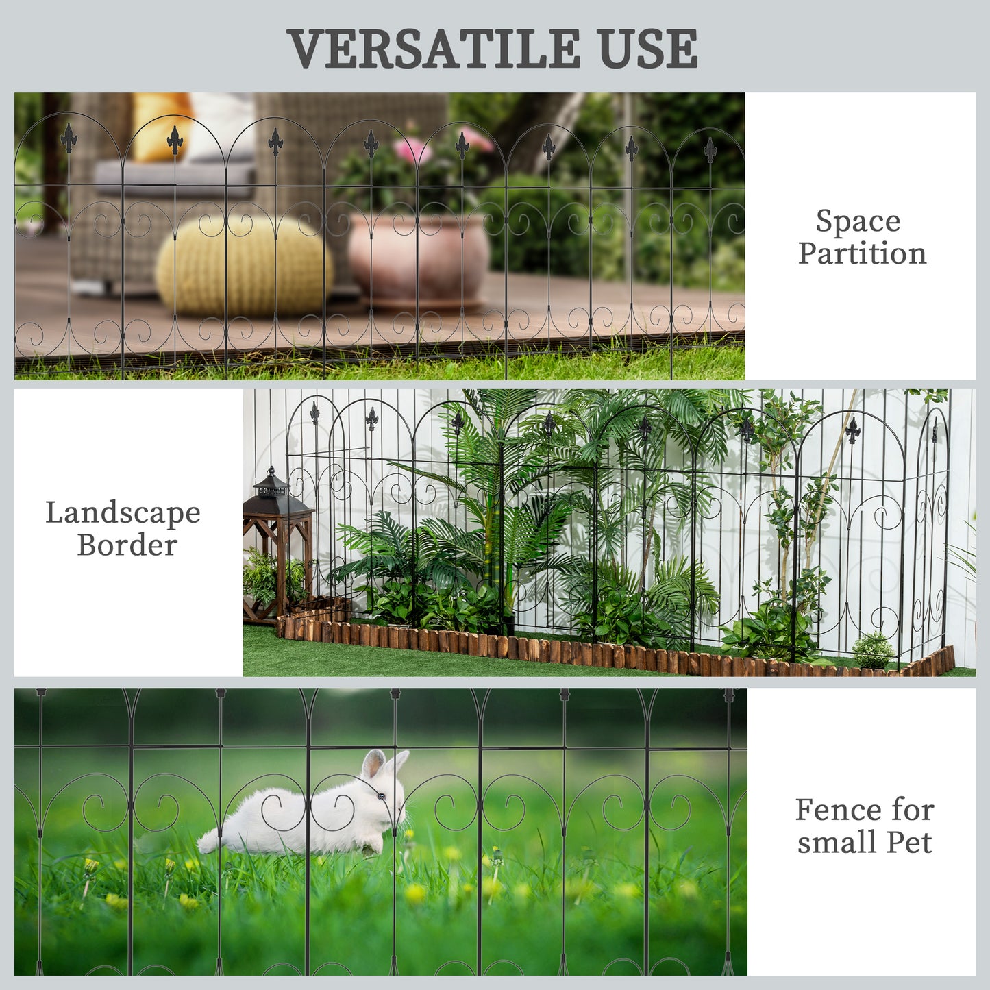 Outsunny Outdoor Metal Garden Fence Panels, Animal Barrier & Border Edging for Yard, Patio, 8 Pack, Scrollworks and Spears
