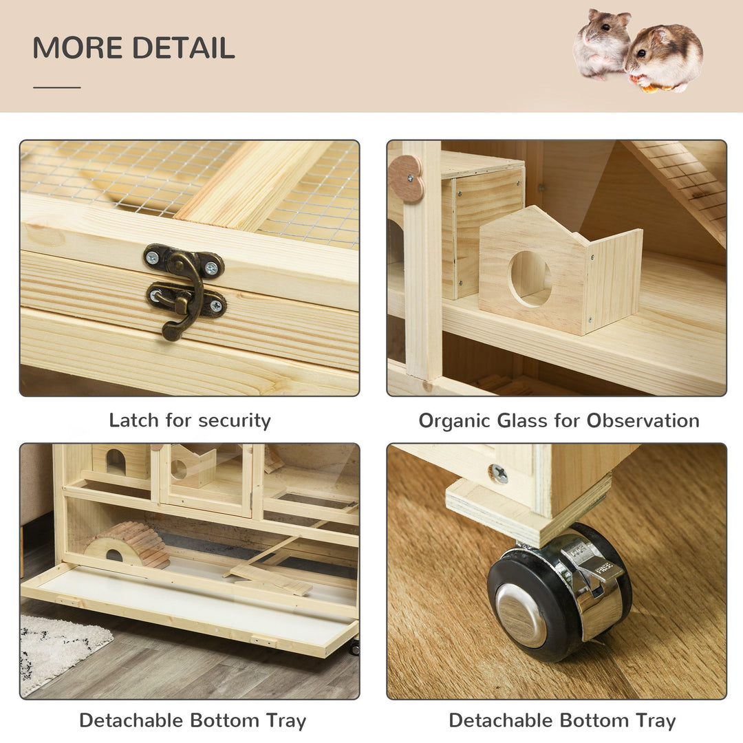 PawHut Wooden Hamster Cage, 3 Tier Rat Cage with Openable Roof, Run, Ladders, Run, Ladders, Wheels, Tray, Natural Wood