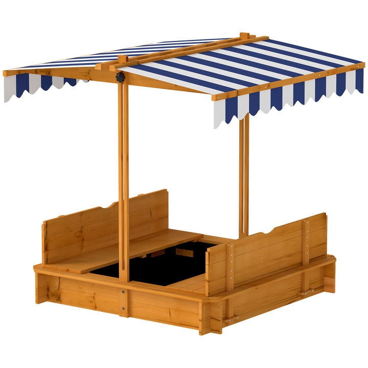Outsunny Kids Wooden Sandbox Outdoor Backyard Playset Children Play Station w/ Adjustable Canopy & Convertible Bench Sand for 3-7 Years Old