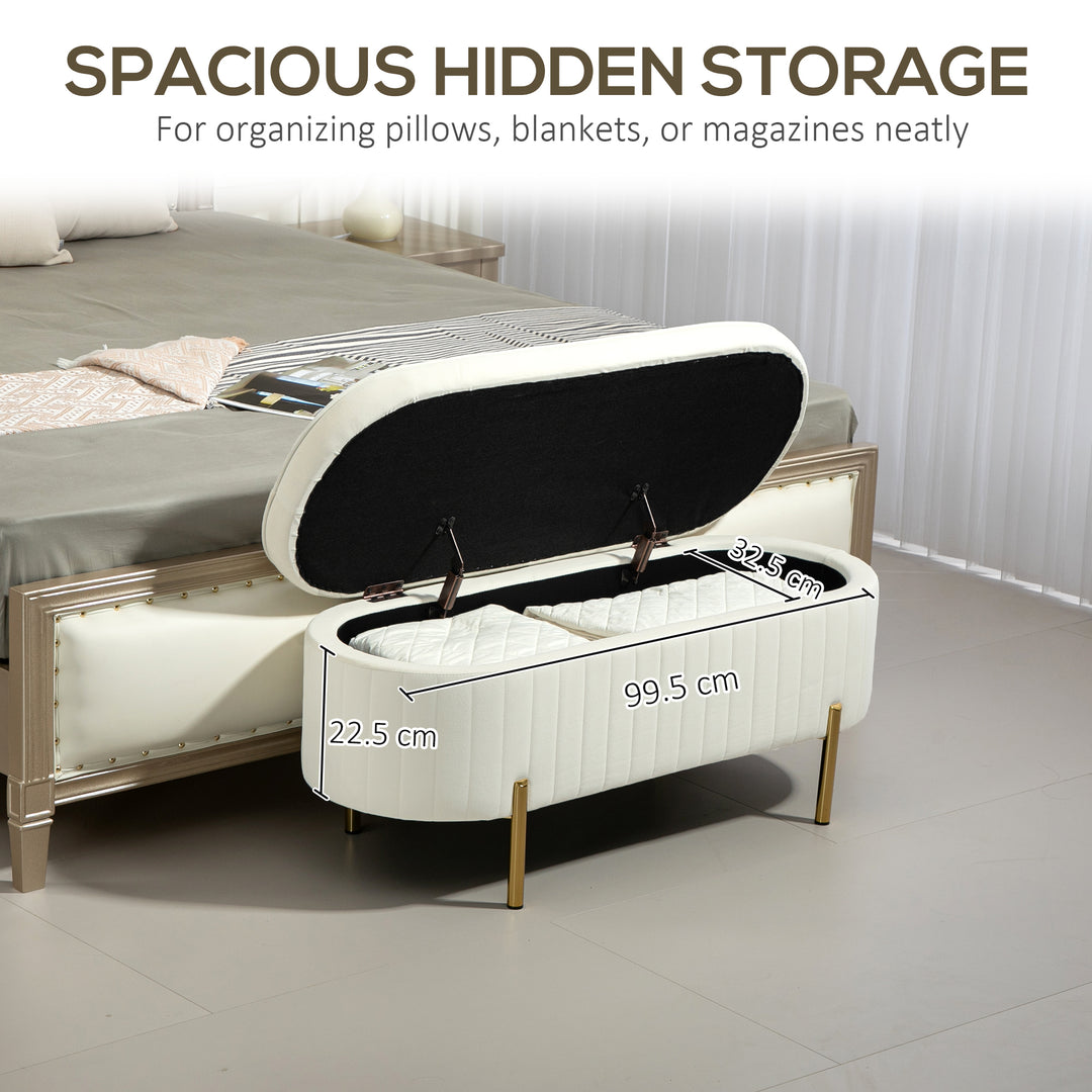 HOMCOM Upholstered Bedroom Bench, Channel Tufted Ottoman Bench with Thick Padding and Metal Legs, Cream White