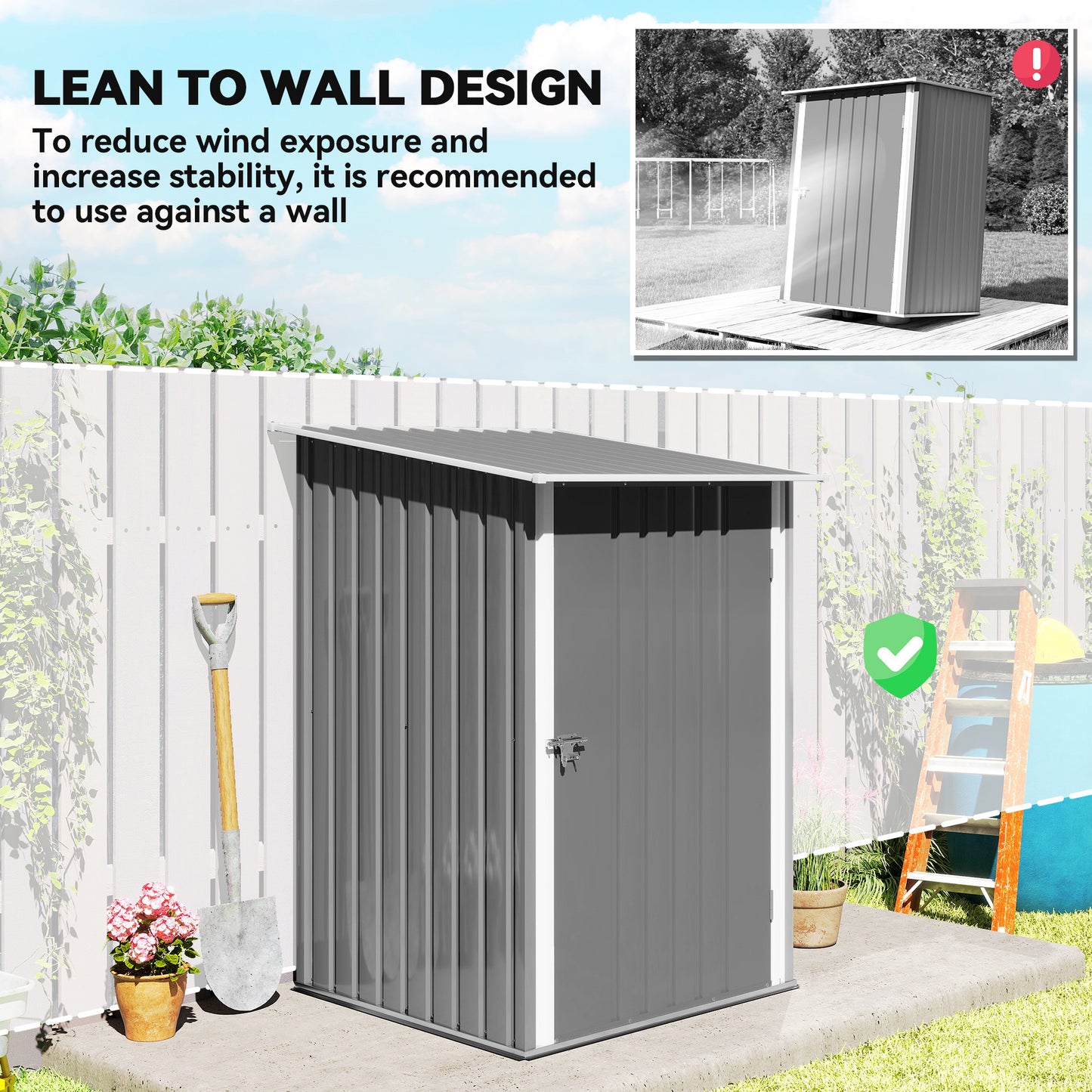 Outsunny 3.3' x 3.4' Lean-to Garden Storage Shed, Outdoor Galvanized Steel Tool House with Lockable Door for Patio Dark Gray