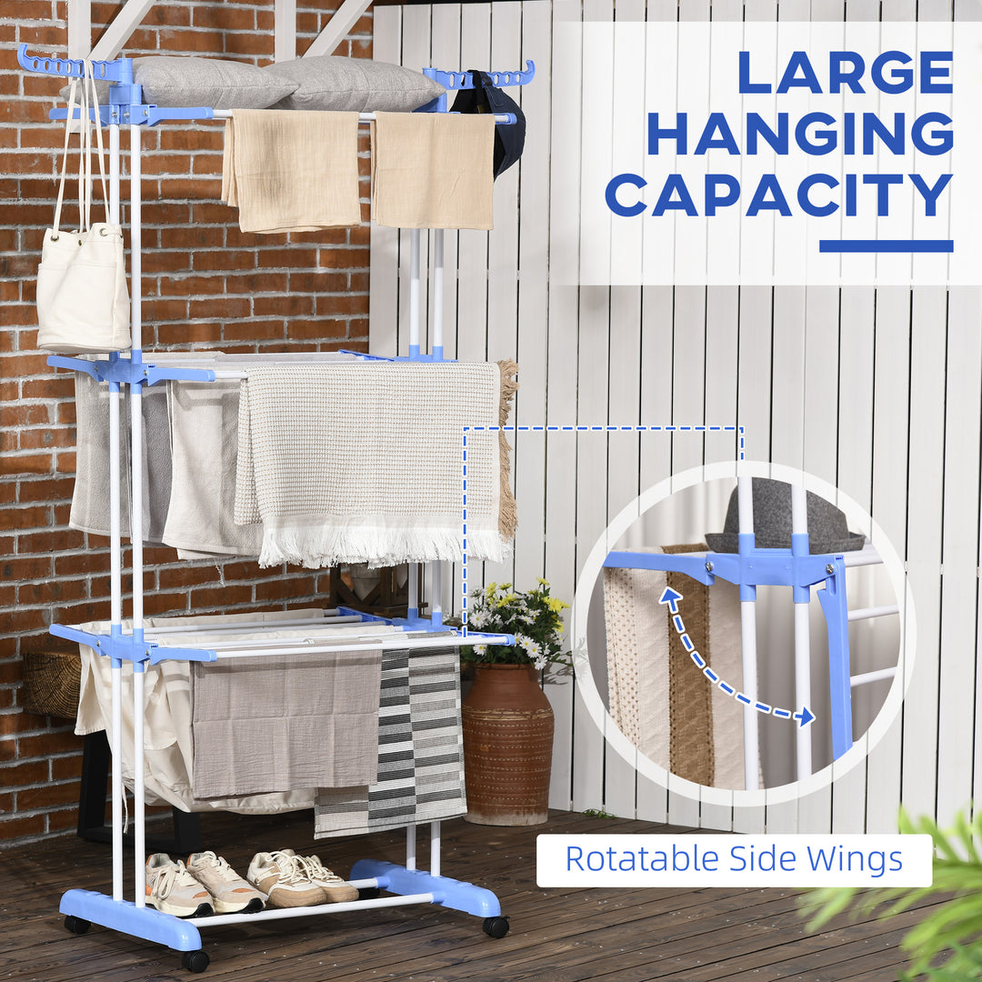 HOMCOM Foldable Clothes Drying Rack, 4-Tier Steel Laundry Rack for Drying Clothes with 2 Side Wings and 4 Castors, Indoor and Outdoor Use, Black