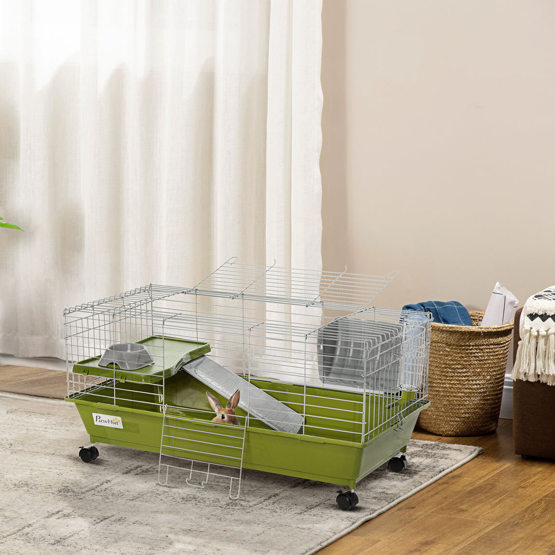 PawHut Small Animal Cage, Rolling Bunny Cage, Guinea Pig Cage with Food Dish, Water Bottle, Hay Feeder, Platform, Ramp, Green