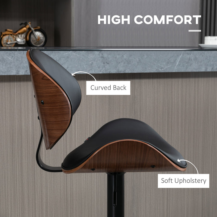 HOMCOM Bar Stools Set of 2, Modern PU Leather Adjustable Swivel Barstools with Curved Back, Footrest and Steel Base, Black