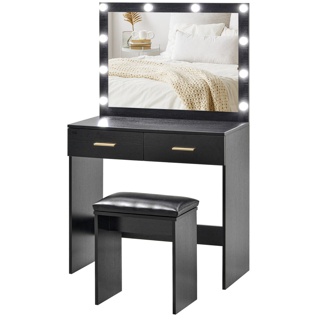 HOMCOM Makeup Vanity Table Set with Stool, Dressing Table with LED Lighting Mirror, Drawers, for Bedroom, Black