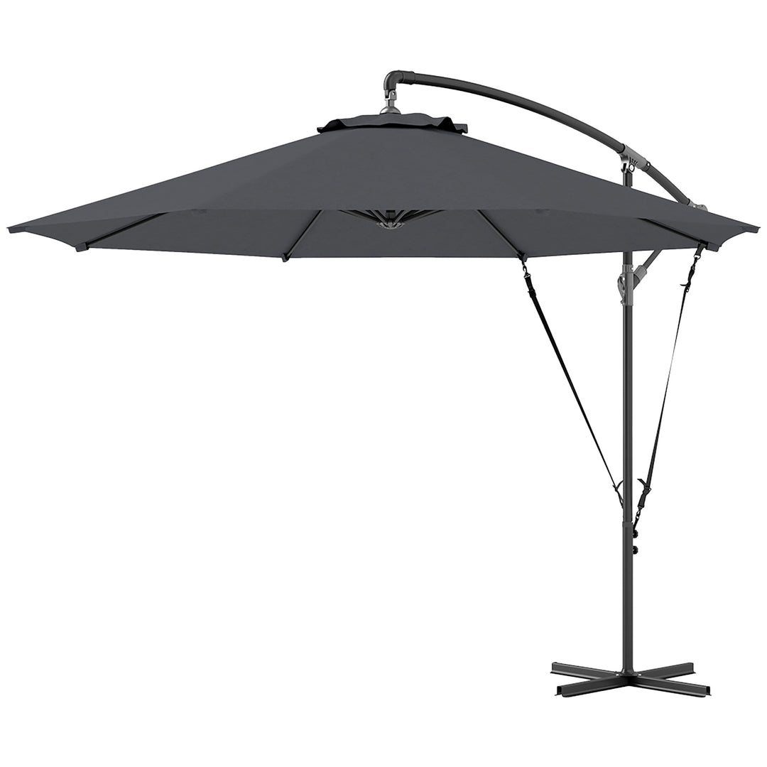 Outsunny 9.5' Cantilever Umbrella with Wind Protection Strap and Cover, Hanging Umbrella with Crank and Cross Base, UPF 50+, Grey