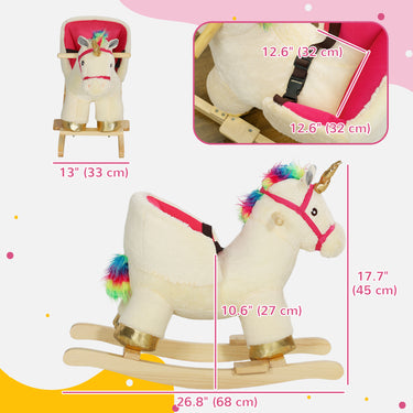 Qaba Rocking Horse Unicorn with Sound, Safety Belt, Wooden Base, for 18-36 Months