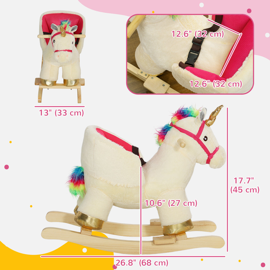 Qaba Rocking Horse Unicorn with Sound, Safety Belt, Wooden Base, for 18-36 Months