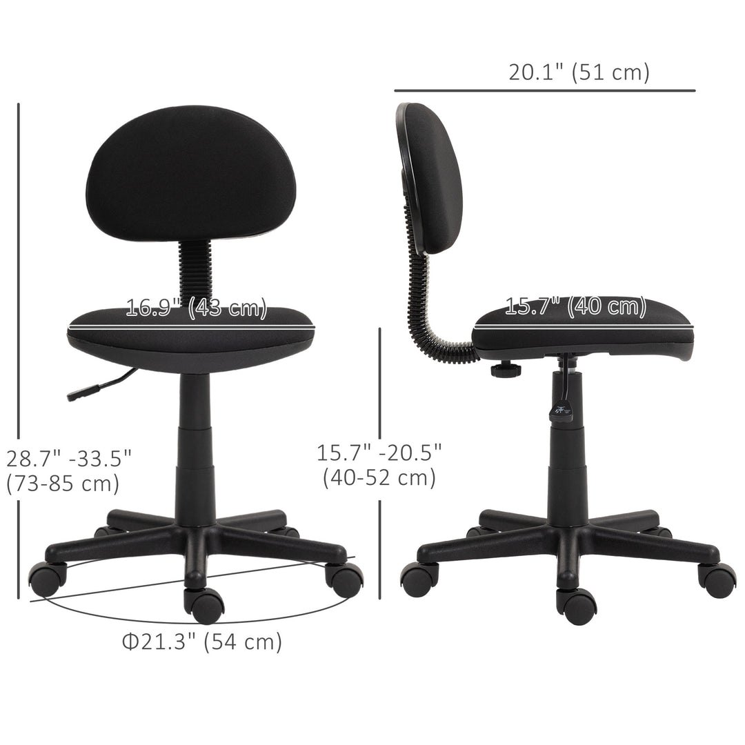 HOMCOM Small Desk Chair, Armless Office Chair with Adjustable Height, 360° Swivel Wheels, Low Back for Small Spaces, Black