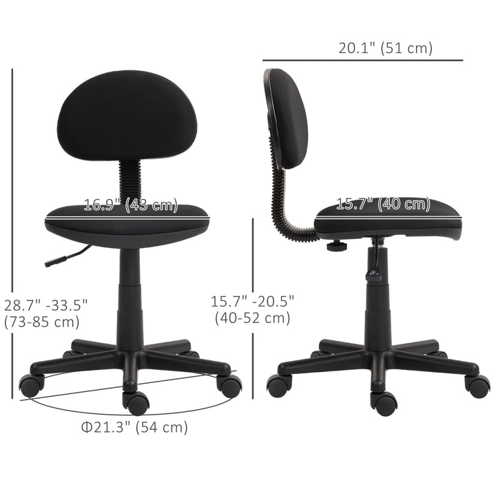 HOMCOM Small Desk Chair, Armless Office Chair with Adjustable Height, 360° Swivel Wheels, Low Back for Small Spaces, Black