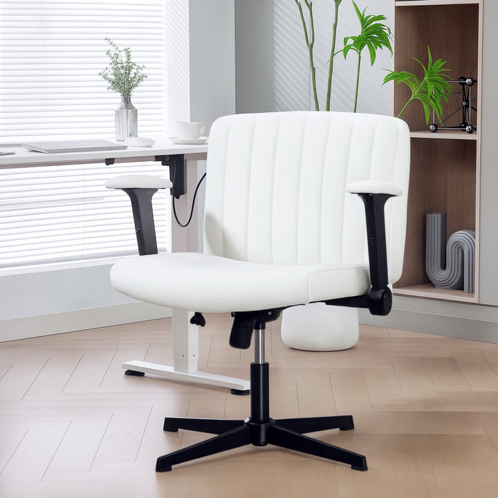 HOMCOM Criss Cross Chair with Flip-up Armrests, Wide Office Chair with Adjustable Height, Tilting, No Wheels, Beige