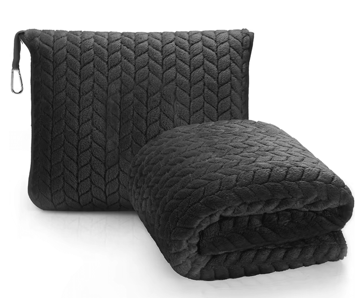 Luxurious 2-in-1 travel blanket and pillow set in black, plush quilted design, perfect for airplane travel comfort.